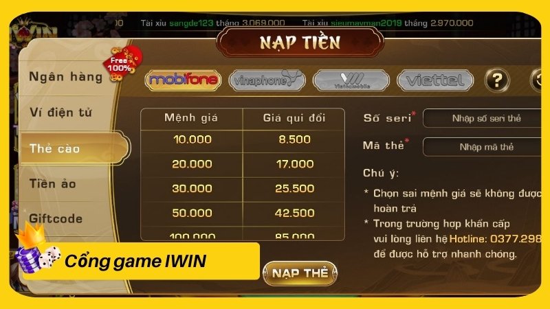 Nạp tiền IWIN bằng thẻ cào